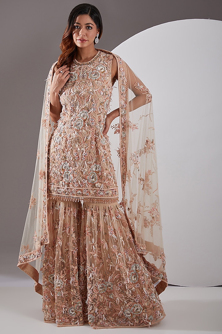 Peach Tulle Hand Embroidered Sharara Set by AMIT GT