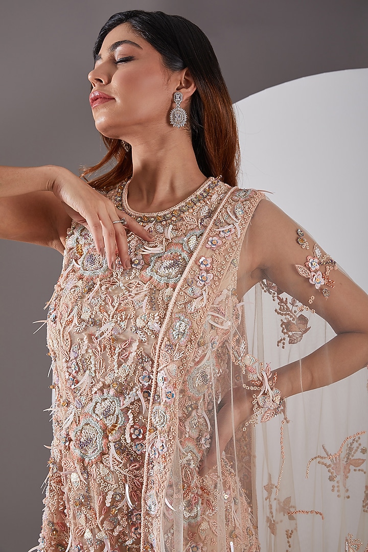 Peach Tulle Hand Embroidered Bridal Sharara Set by AMIT GT at Pernia's Pop Up Shop