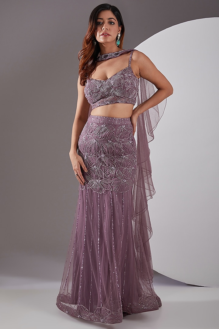 Mauve Tulle Hand Embroidered Skirt Set by AMIT GT