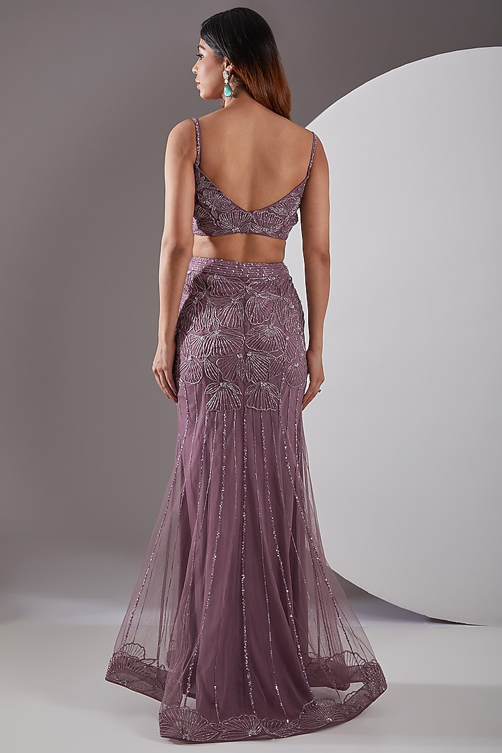 Mauve Tulle Hand Embroidered Skirt Set by AMIT GT at Pernia's Pop Up Shop