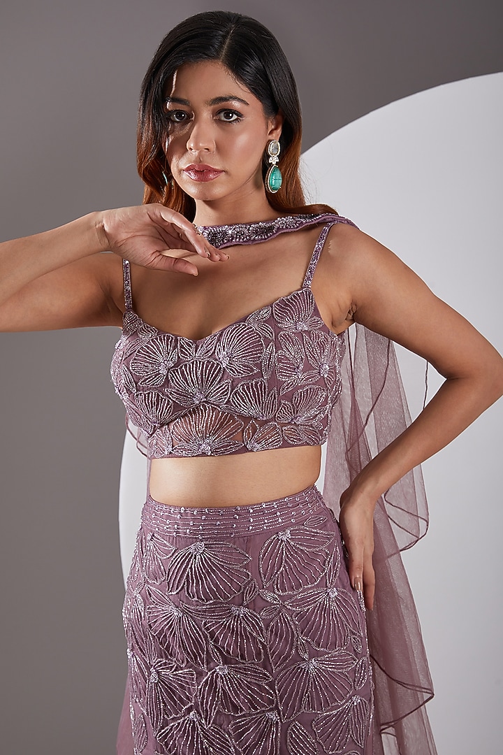 Mauve Tulle Hand Embroidered Skirt Set by AMIT GT at Pernia's Pop Up Shop