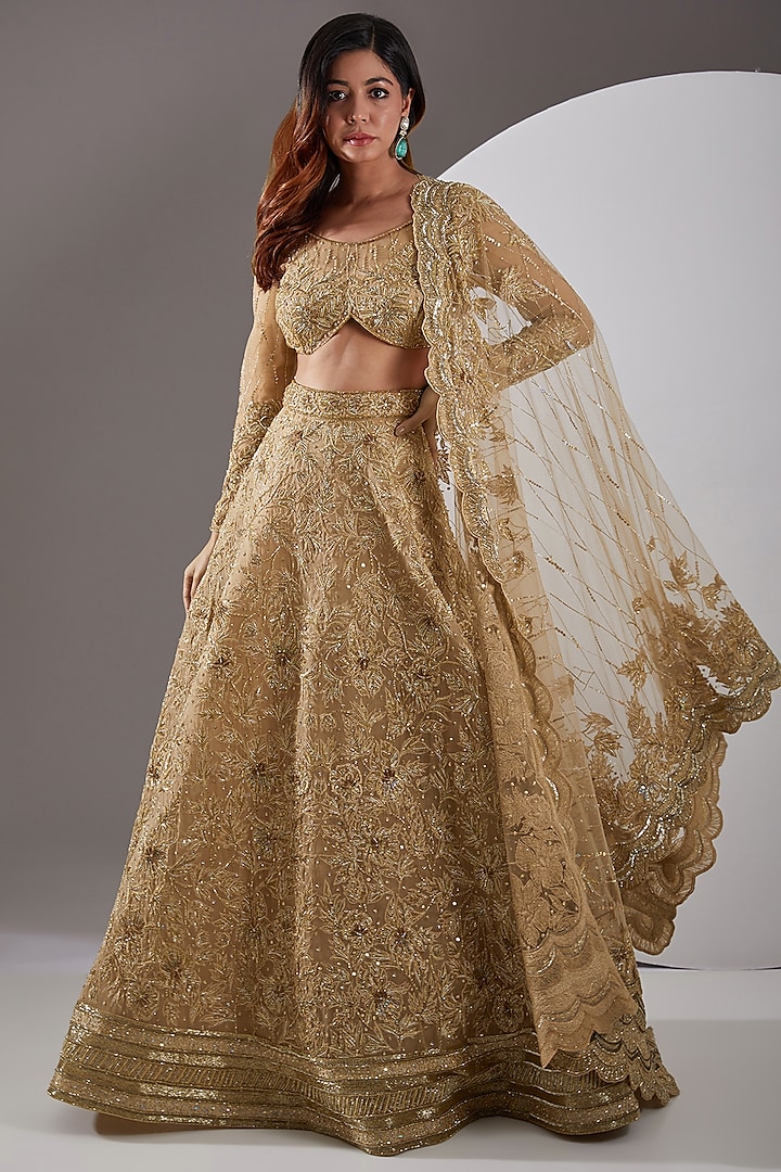 Gold Organza & Tulle Hand Embroidered Lehenga Set by AMIT GT