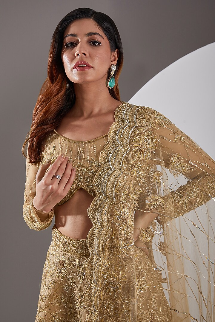 Gold Organza & Tulle Hand Embroidered Bridal Lehenga Set by AMIT GT at Pernia's Pop Up Shop