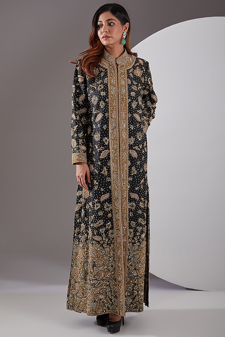 Black Silk Hand Embroidered Jacket by AMIT GT