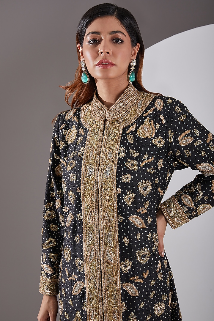 Black Silk Hand Embroidered Jacket by AMIT GT at Pernia's Pop Up Shop