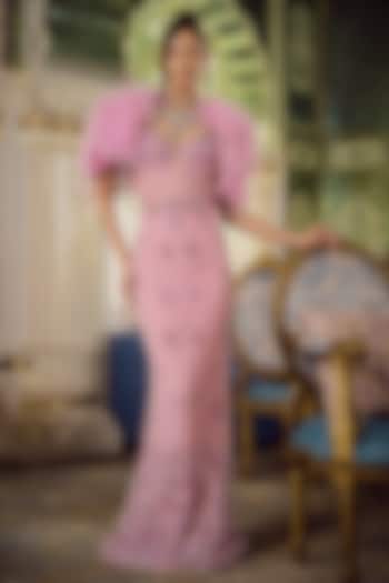 Pink Tulle Embroidered Bridal Gown With Cape by AMIT GT at Pernia's Pop Up Shop