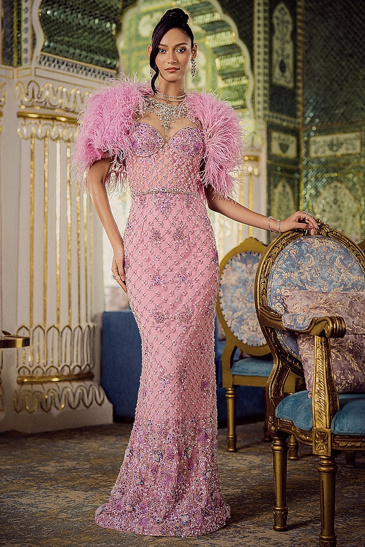 Pink Tulle Embroidered Bridal Gown With Cape by AMIT GT at Pernia's Pop Up Shop