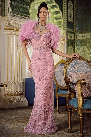 Pink Tulle Embroidered Gown With Cape by AMIT GT