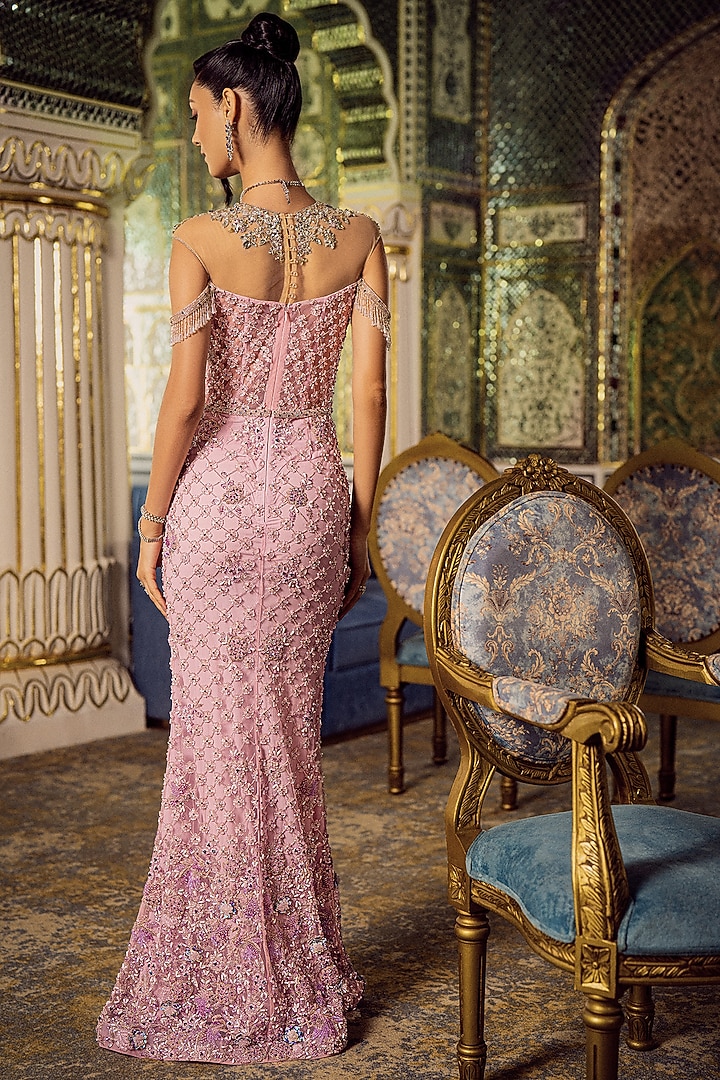 Pink Tulle Embroidered Bridal Gown With Cape by AMIT GT at Pernia's Pop Up Shop