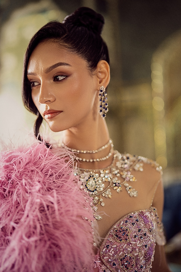 Pink Tulle Embroidered Bridal Gown With Cape by AMIT GT at Pernia's Pop Up Shop