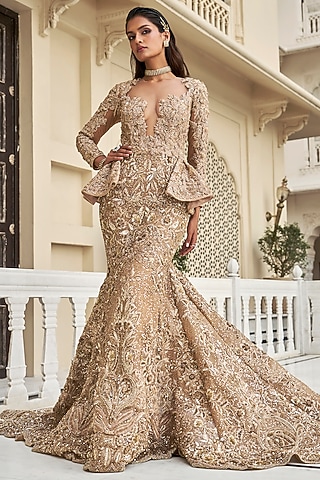 Golden Tulle Embroidered Gown by AMIT GT