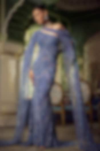 Lilac & Blue Tulle Embroidered One-Shoulder Asymmetric Bridal Gown by AMIT GT at Pernia's Pop Up Shop