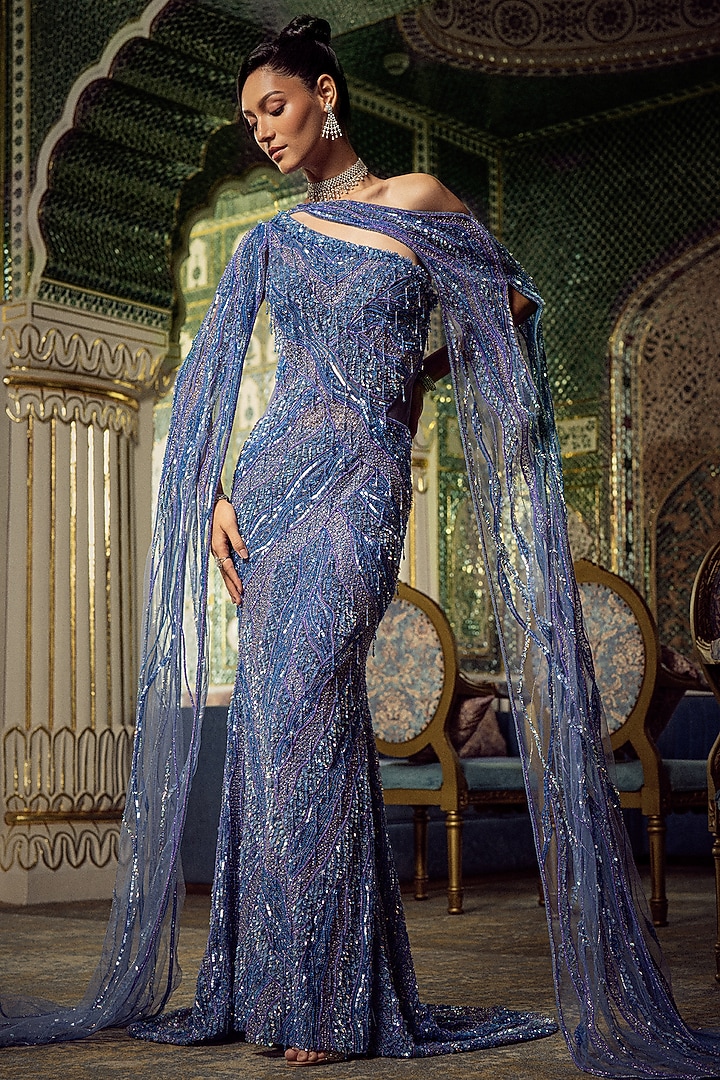 Lilac & Blue Tulle Embroidered One-Shoulder Asymmetric Bridal Gown by AMIT GT at Pernia's Pop Up Shop