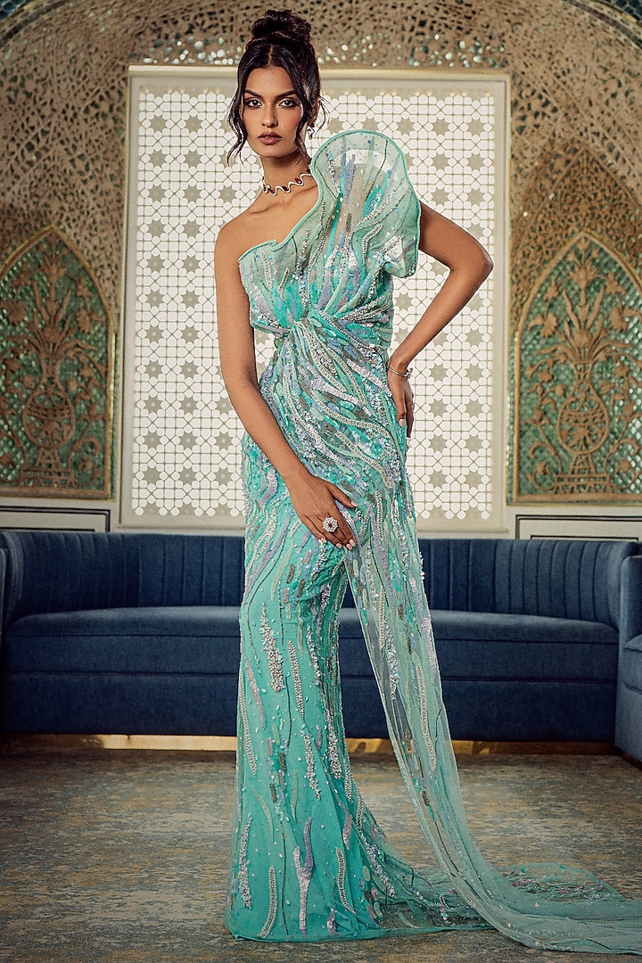 Mint Tulle Embroidered Bridal Gown by AMIT GT at Pernia's Pop Up Shop