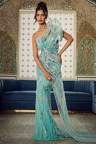 Mint Tulle Embroidered Gown by AMIT GT