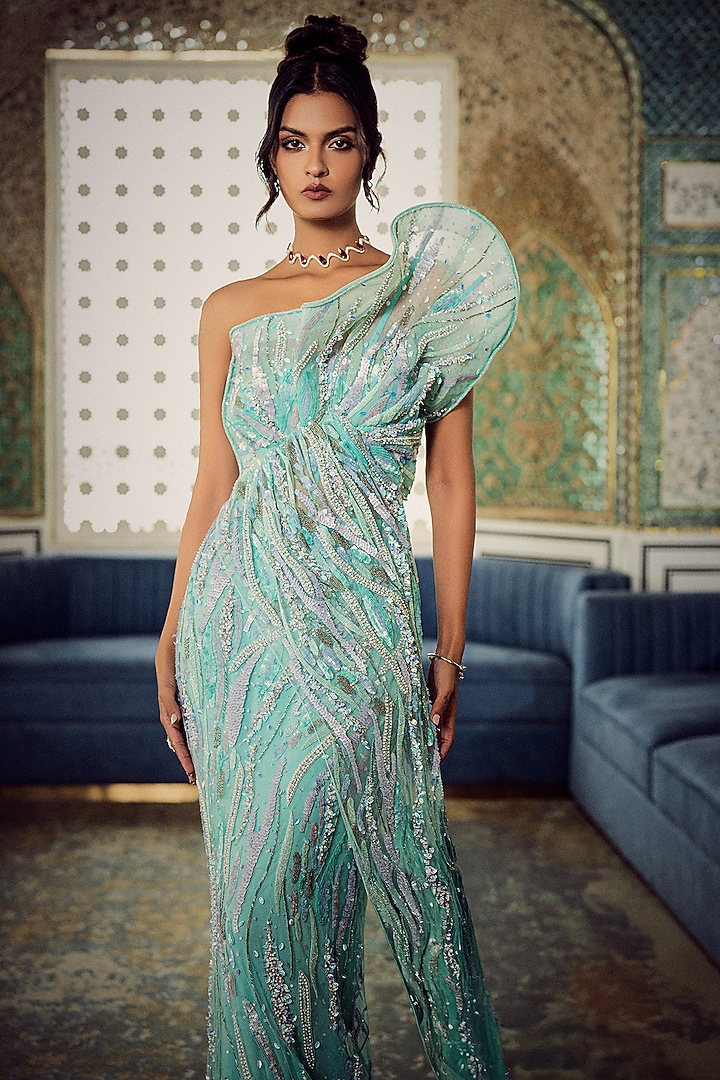 Mint Tulle Embroidered Bridal Gown by AMIT GT at Pernia's Pop Up Shop