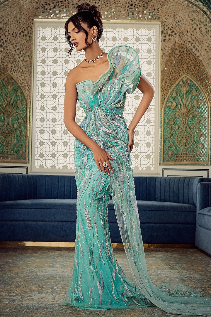 Mint Tulle Embroidered Bridal Gown by AMIT GT at Pernia's Pop Up Shop