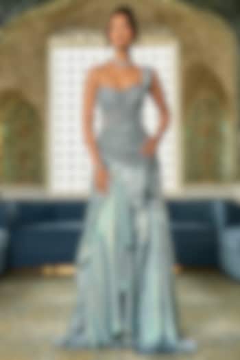 Powder Blue Tulle Embroidered Wedding Gown by AMIT GT at Pernia's Pop Up Shop