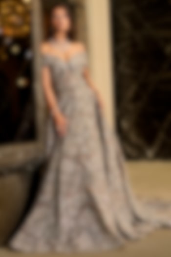 Grey Tulle Embroidered Off-Shoulder Bridal Gown by AMIT GT at Pernia's Pop Up Shop