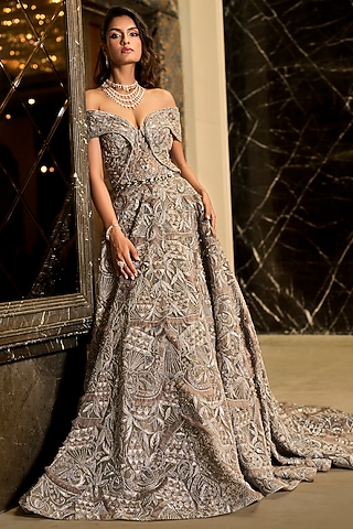 Grey Tulle Embroidered Off-Shoulder Gown by AMIT GT