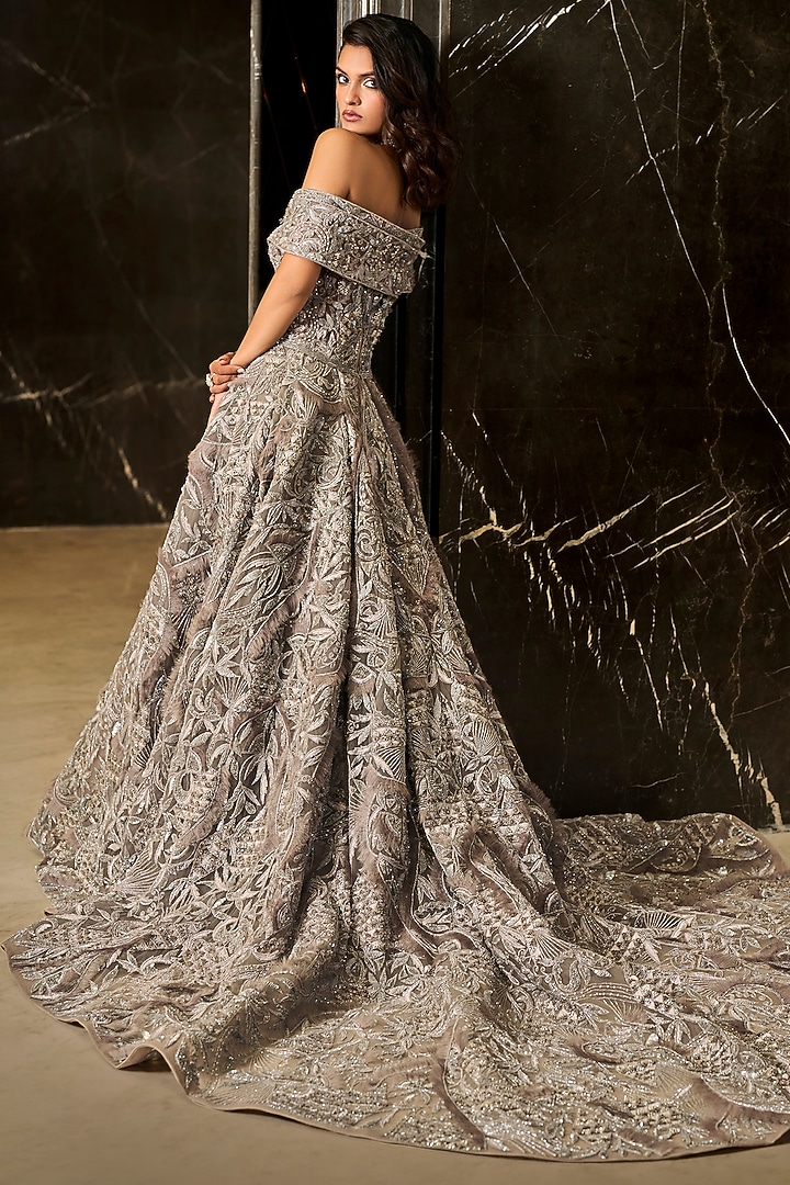 Grey Tulle Embroidered Off-Shoulder Bridal Gown by AMIT GT at Pernia's Pop Up Shop