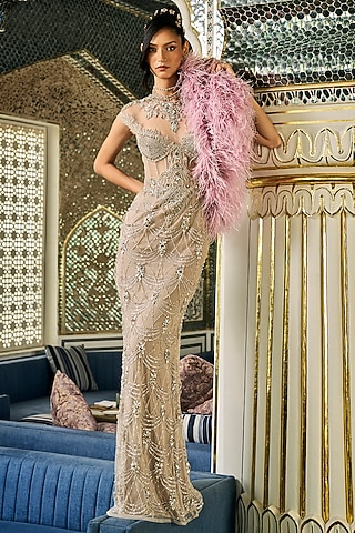 Beige Tulle Embroidered Gown by AMIT GT