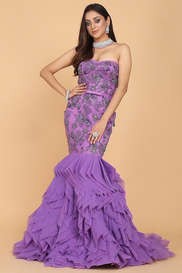 Lavender Fringe Embroidered Gown by Amit GT
