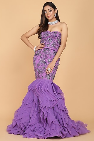 Lavender Fringe Embroidered Gown by Amit GT