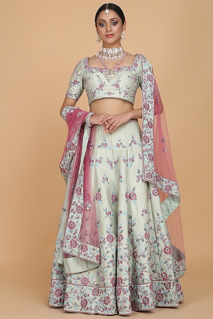 Sea Green & Pink Embroidered Lehenga Set by Amit GT