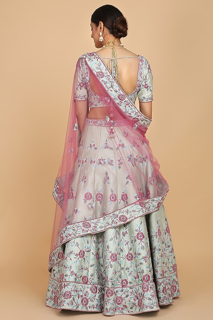 Sea Green & Pink Embroidered Bridal Lehenga Set by Amit GT at Pernia's Pop Up Shop