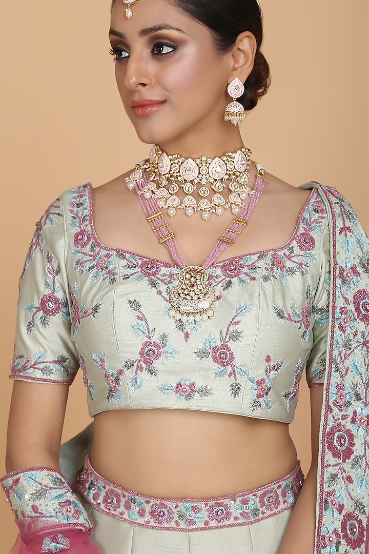 Sea Green & Pink Embroidered Bridal Lehenga Set by Amit GT at Pernia's Pop Up Shop