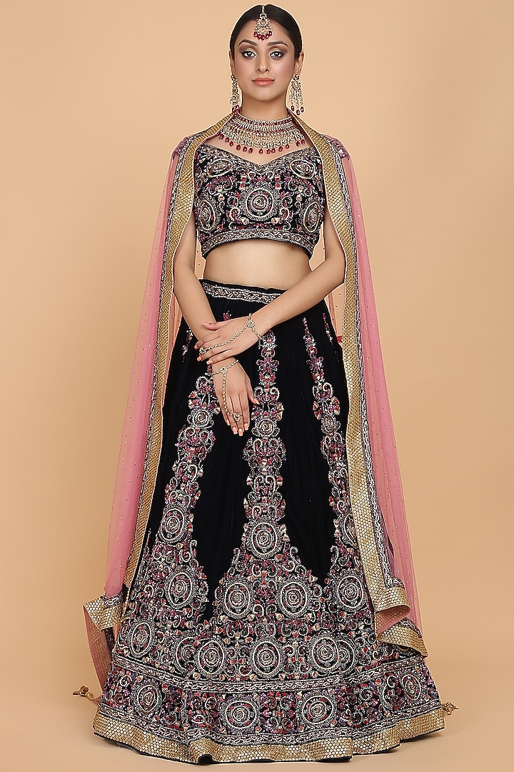 Navy blue & Pink Embroidered Bridal Lehenga Set by Amit GT at Pernia's Pop Up Shop