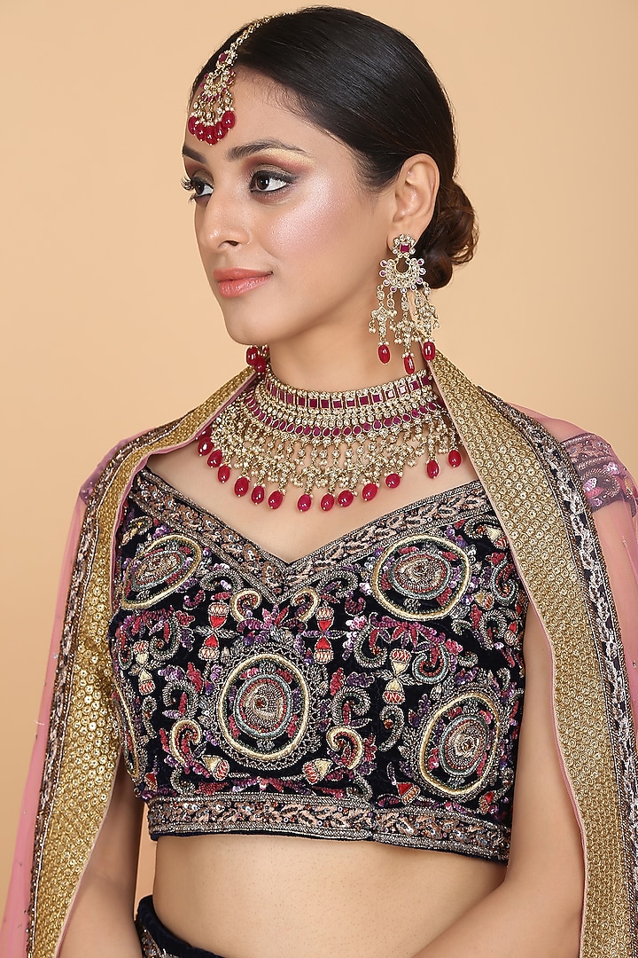 Navy blue & Pink Embroidered Bridal Lehenga Set by Amit GT at Pernia's Pop Up Shop