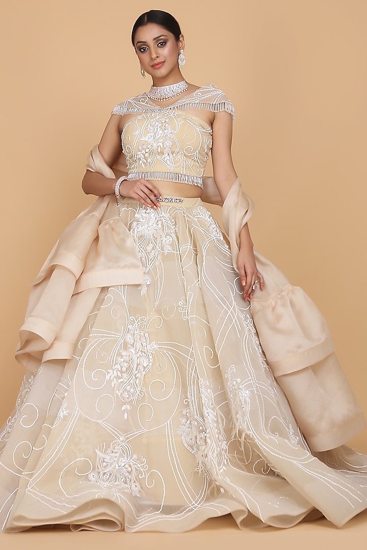 Beige Embroidered Bridal Lehenga Set by Amit GT at Pernia's Pop Up Shop