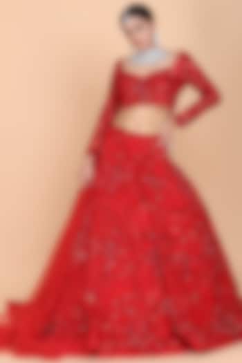 Red Embroidered Lehenga Set by Amit GT