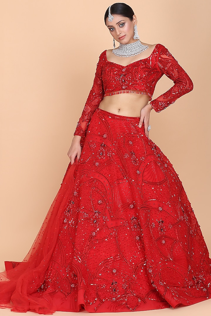 Red Embroidered Lehenga Set by Amit GT