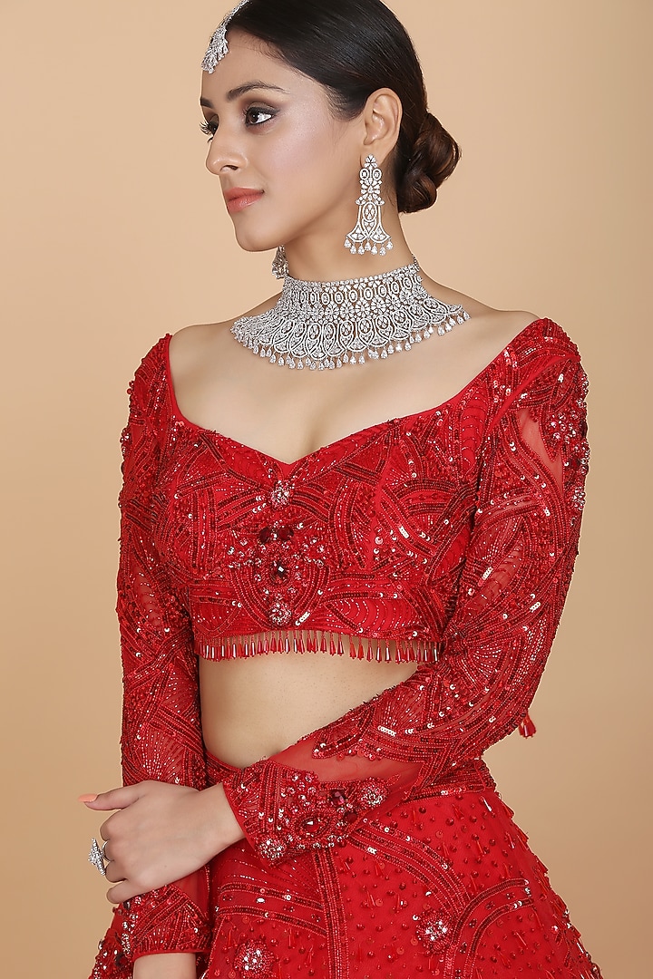 Red Embroidered Bridal Lehenga Set by Amit GT at Pernia's Pop Up Shop