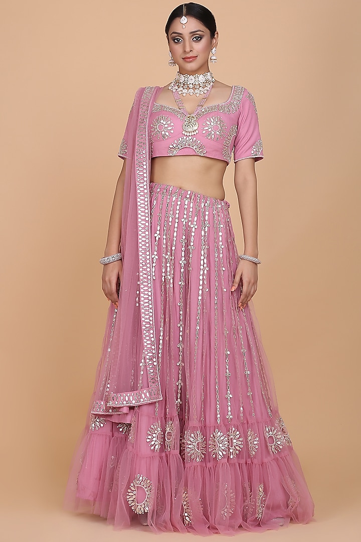 Sorbet Pink Embroidered Lehenga Set by Amit GT