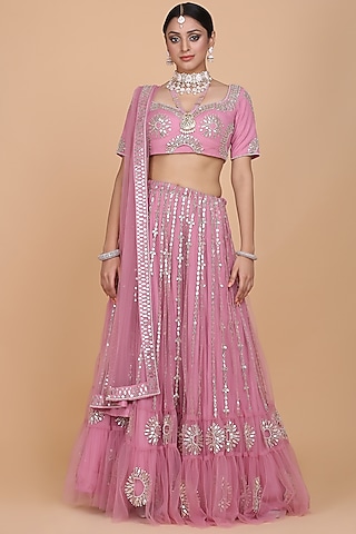 Sorbet Pink Embroidered Lehenga Set by Amit GT