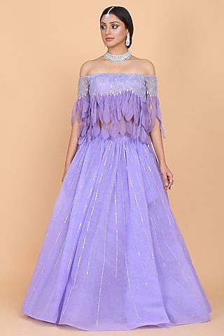 Lavender Embroidered Fringed Lehenga Set by Amit GT