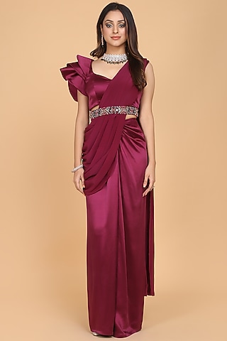 Wine Ruffled Saree Set by Amit GT