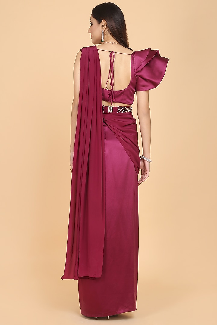 Wine Ruffled Wedding Saree Set by Amit GT at Pernia's Pop Up Shop