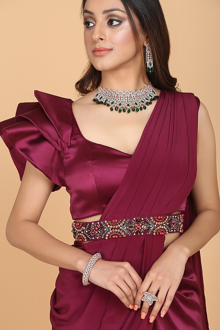 Wine Ruffled Wedding Saree Set by Amit GT at Pernia's Pop Up Shop