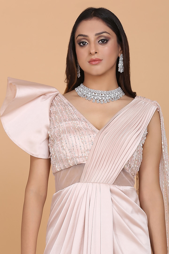 Blush Pink Embroidered Wedding Saree Gown Set by Amit GT at Pernia's Pop Up Shop