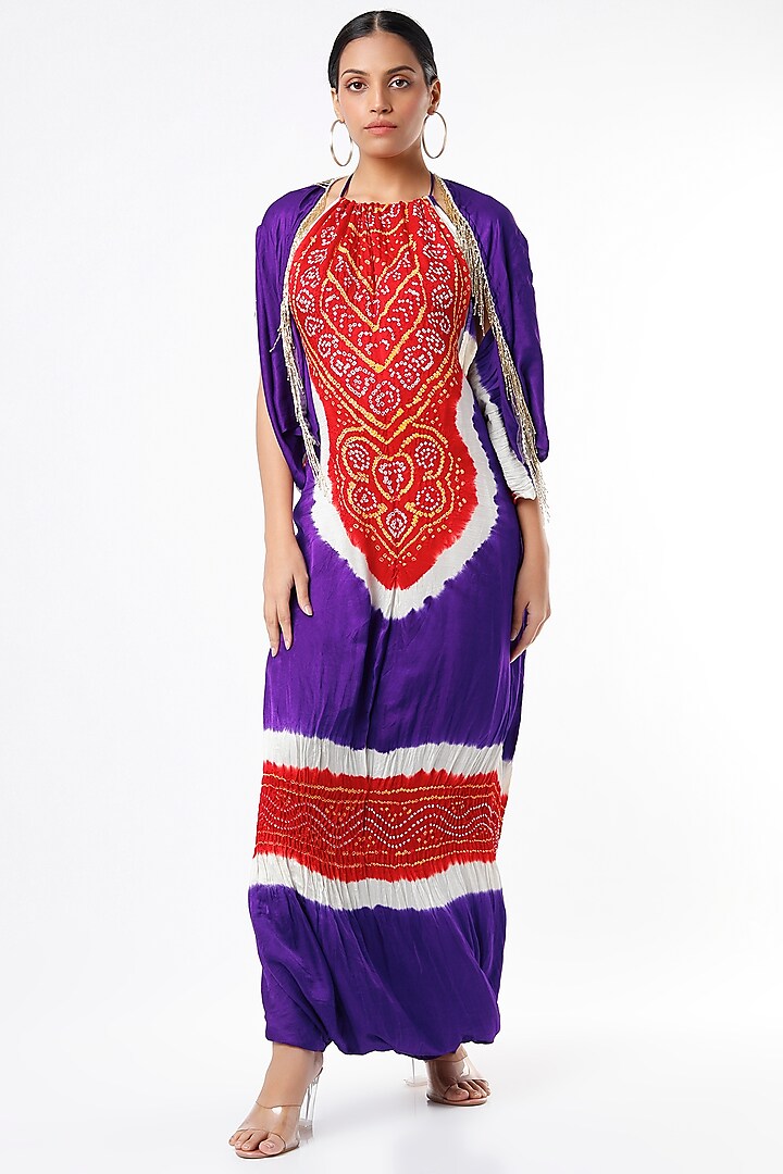 Red & Purple Gajji Silk Jumpsuit by Etasha by Asha Jain