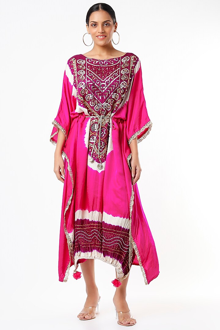 Rani Pink Bandhani Embellised Kaftan by Etasha by Asha Jain