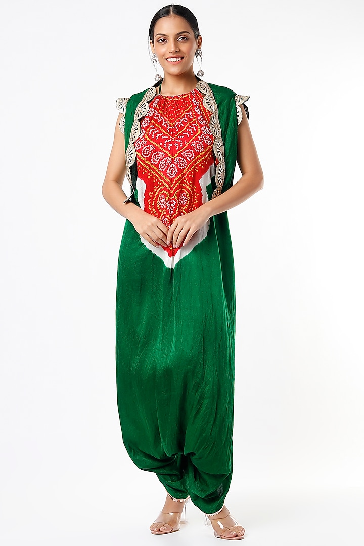 Green Bandhani Dhoti Jumpsuit by Etasha by Asha Jain