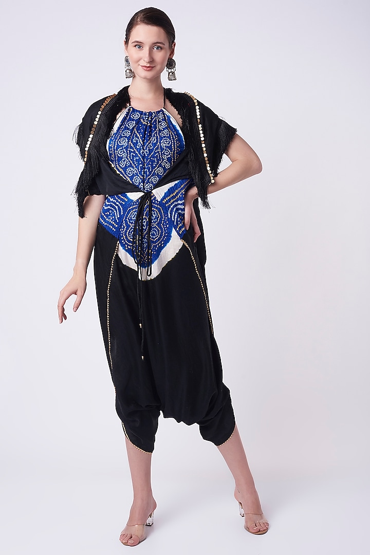 Black & Electric Blue Embroidered Jumpsuit by Etasha by Asha Jain
