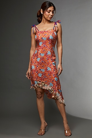 Orange Crepe & Habutai Embroidered Assymetric Dress by Etasha by Asha Jain