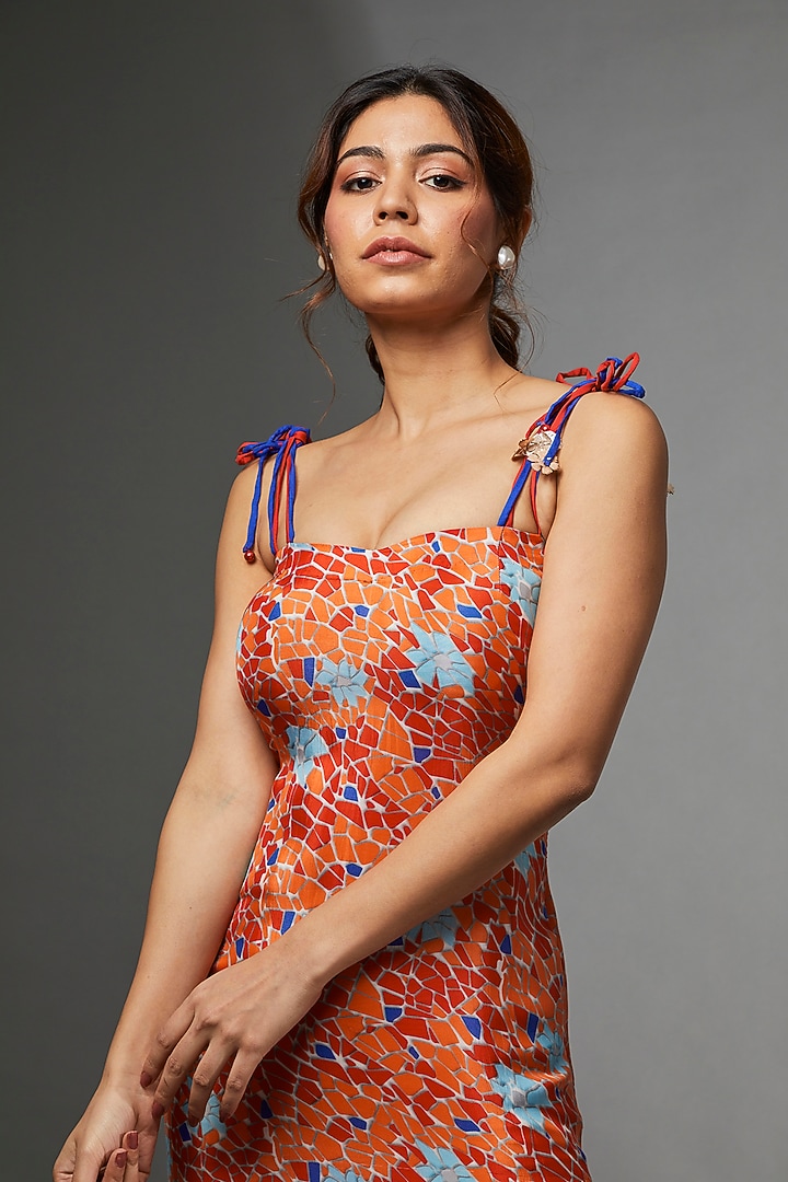 Orange Crepe & Habutai Embroidered Assymetric Vacation Dress by Etasha by Asha Jain at Pernia's Pop Up Shop